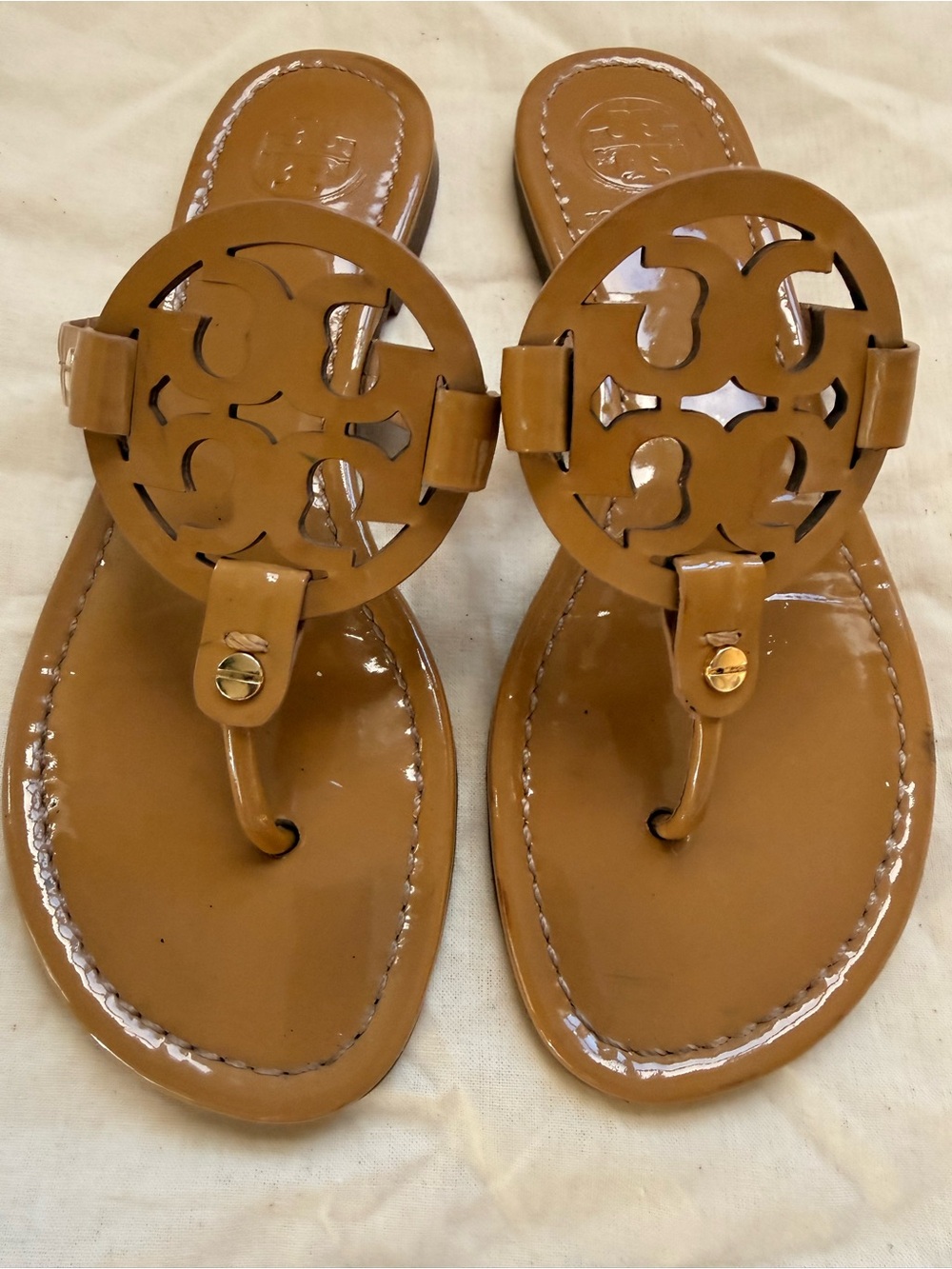 Tory Burch Tan Patent Leather Logo Thong Sandals